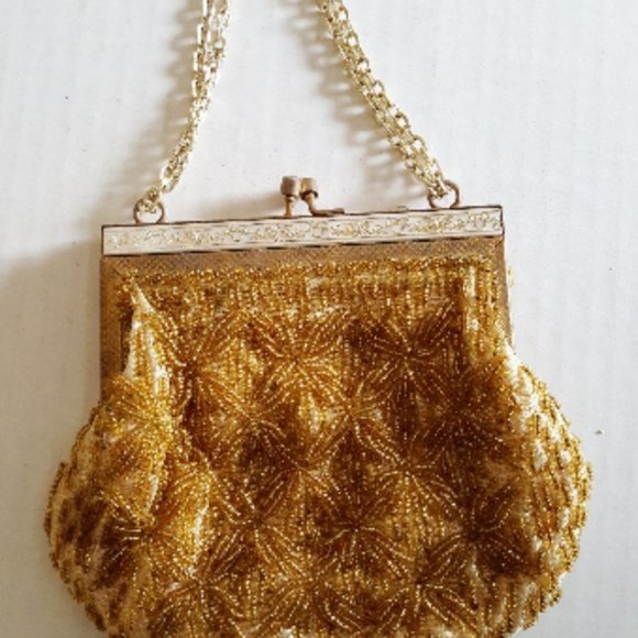 VINTAGE 50s Beaded Purse Gold Cream - Picture 2 of 4